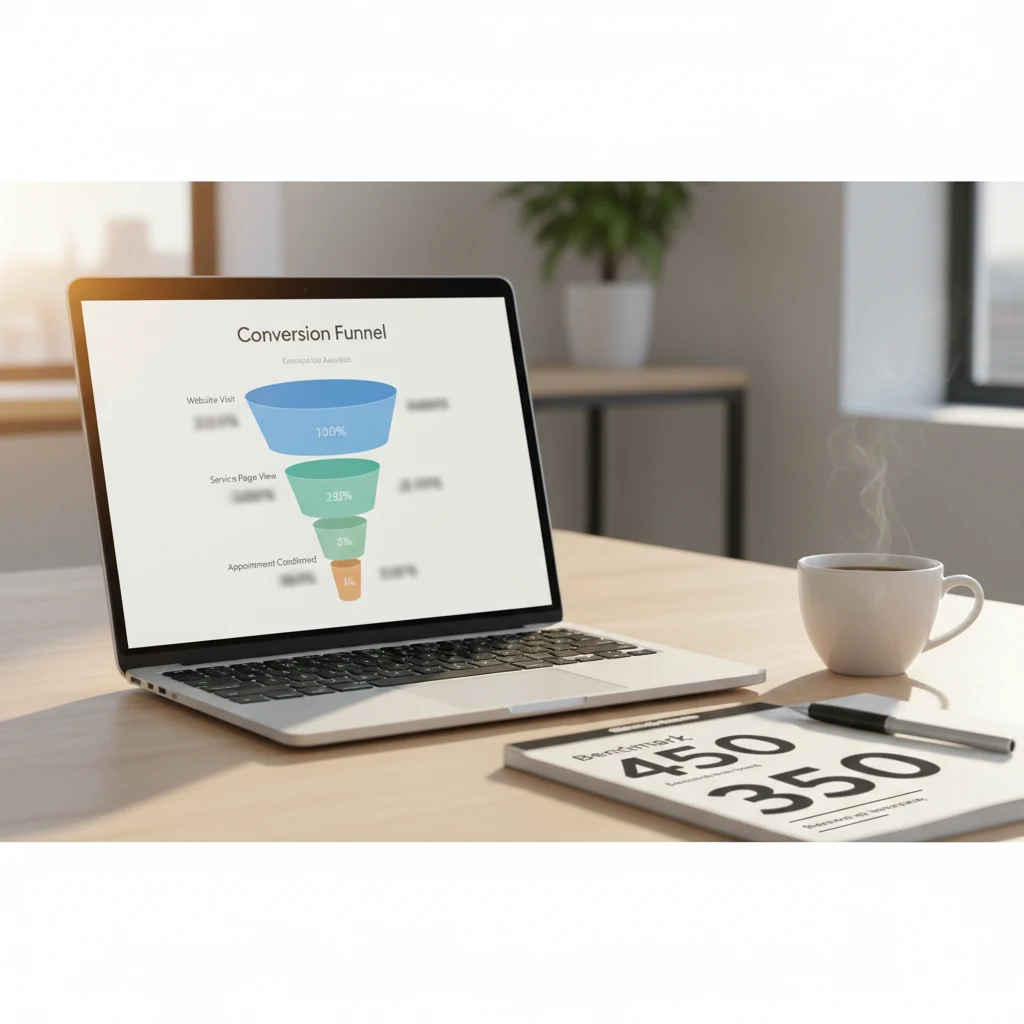 A laptop displays a conversion funnel, with a coffee cup and notebook nearby, illustrating conversion rate optimization healthcare concepts.