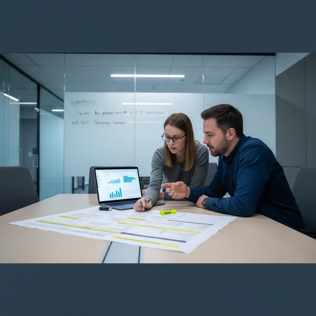 In a modern office, two colleagues review charts on a laptop and large printouts, discussing conversion rate optimization healthcare strategies with highlighted sections.